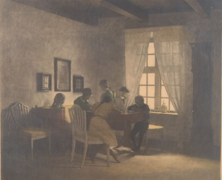Peter Ilsted (1861–1933)
Interior with family at the table.
Color mezzotint.