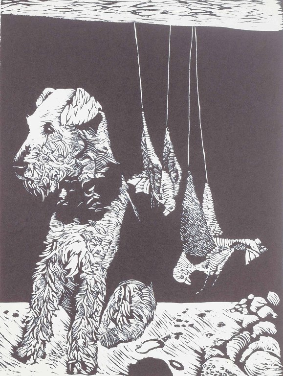 Birthe Kronkvist (b. 1946)
Color lithograph with dog and game.
1979.