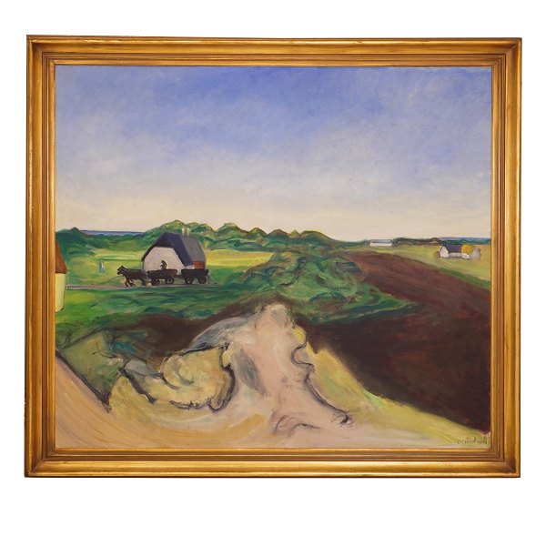 Jens Søndergaard, 1895-1957, Öl auf Leinen. "Landschaft" datiert 1952. Signiert. 
Lichtmasse: 117x129cm. Mit Rahmen: 135x147cm