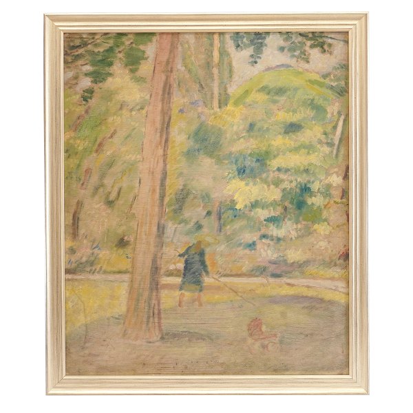 Harald Gierisng, 1881-1927, oil on plate. Woman in a garden 1908. Signed. 
Visible size: 74x60cm. With frame: 82x68cm
