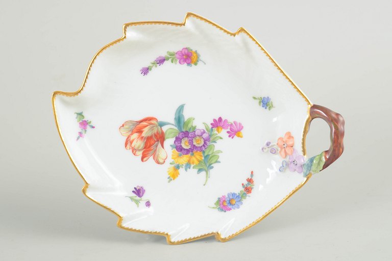 Royal Copenhagen, Saxon Flower, leaf-shaped serving dish with handle.