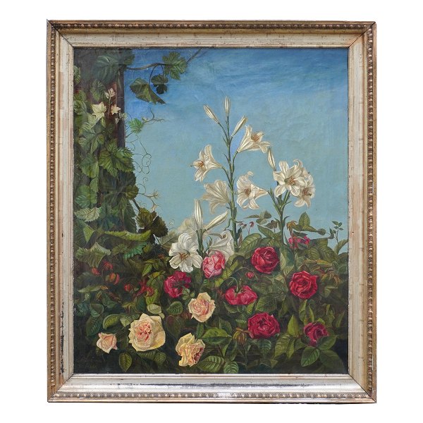 Large stillife with flowers, oil on canvas. Signed "Alma Even(?) 1881". Visible size: 82x69cm. With frame: 96x83cm