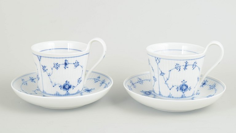 Blue Fluted Plain large mugs with saucers, set of 2.