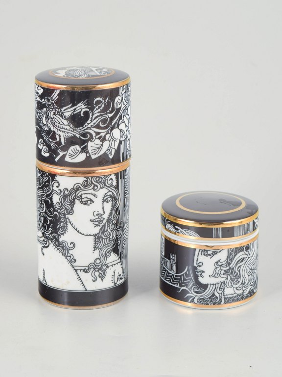 Hollóháza Porcelain Manufactory, 2 lidded jars.