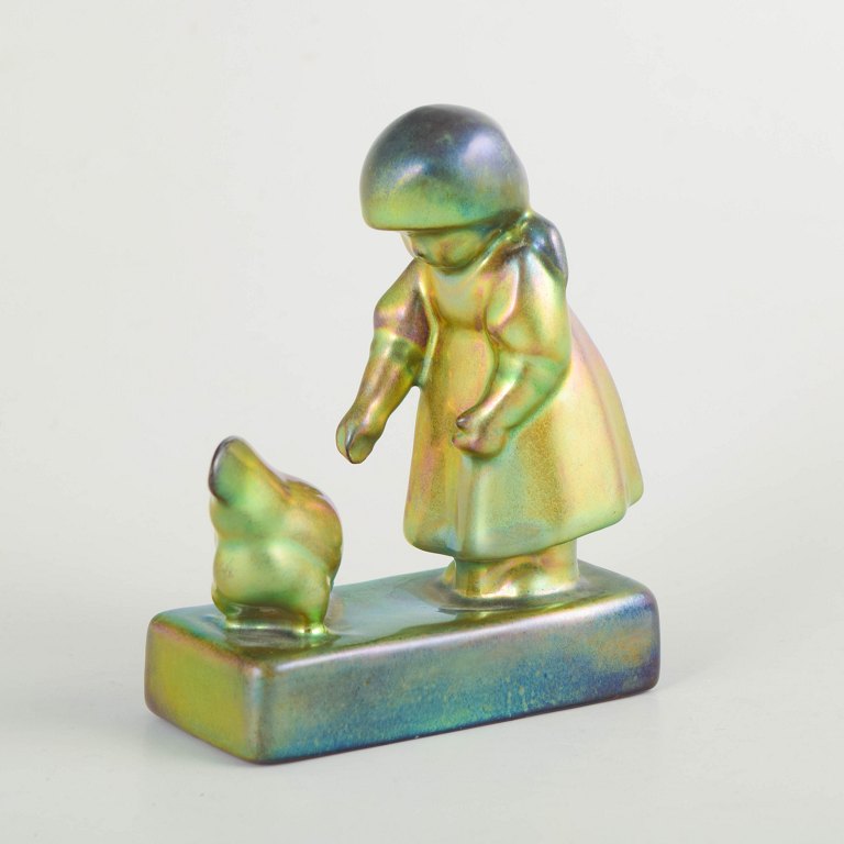 Zsolnay, girl with chicken in eosin glaze.