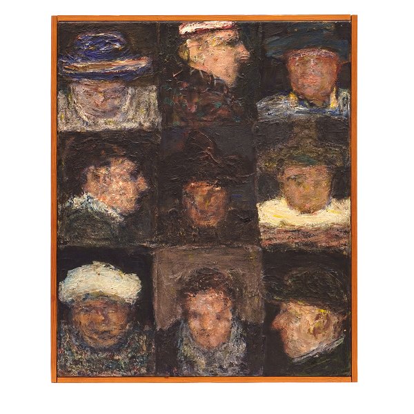 Peter Martensen, b. 1953, oil on canvas. "9 clowns" signed and dated 1978. Visible size: 55x45cm. With frame: 57x47cm