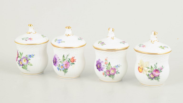Royal Copenhagen, Saxon Flower set of four lidded cream cups.