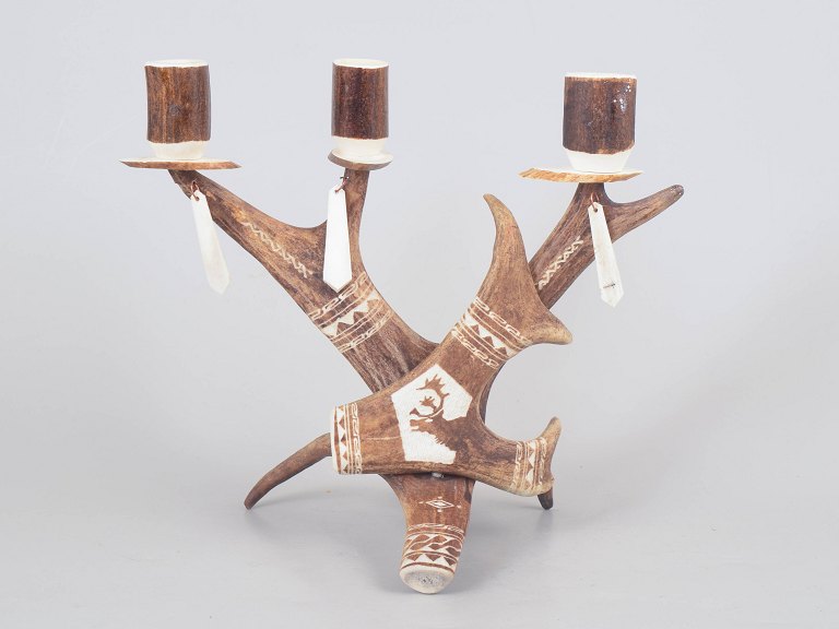 Lapland Sami candlestick in hand-carved reindeer antler, signed Stalon.