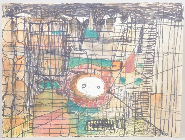European artist, mixed media on paper, abstract composition.