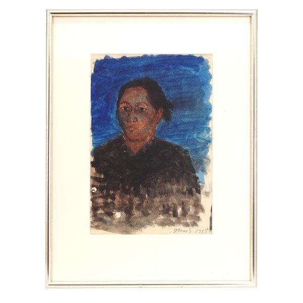 Jens Søndergaard, 1895-1957, portrait of a woman. Water coler. Signed and dated 1955. Visible size: 45x30cm. With frame: 69x52cm