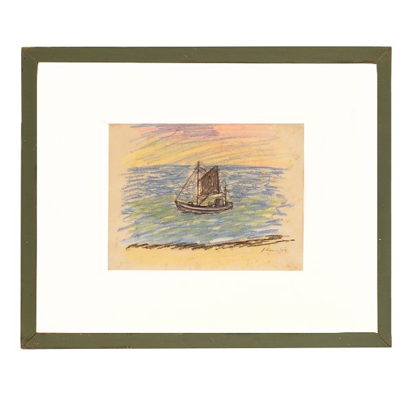 Jens Søndergaard, 1895-1957, drawing of a ship at the coast. Signed. Visible size: 21x28cm. With frame: 42,5x52cm
