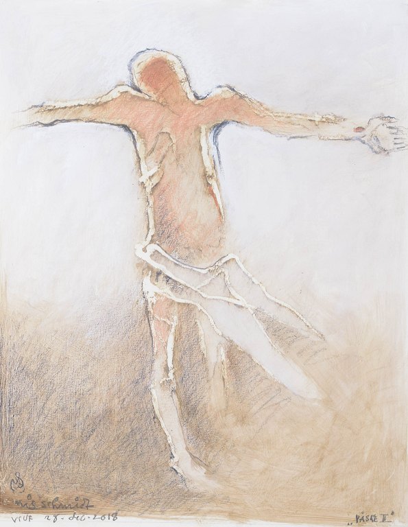 Nis Schmidt, "Påske II", mixed media on paper, listed Danish visual artist.