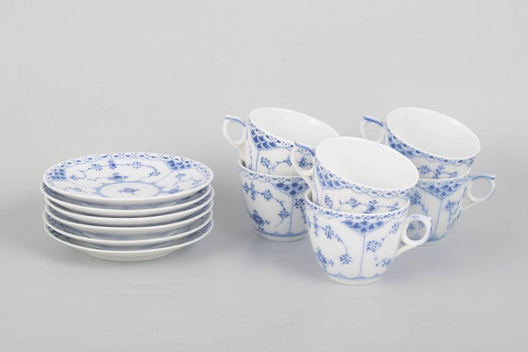 Royal Copenhagen, Blue Fluted Half Lace, set of six cups and saucers.